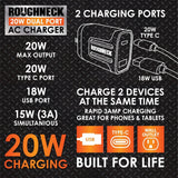 AC Wall Charger Dual Port USB / USB-C 20 Watts - 6 Pieces Per Retail Ready Display 23689MND ROUGHNECK