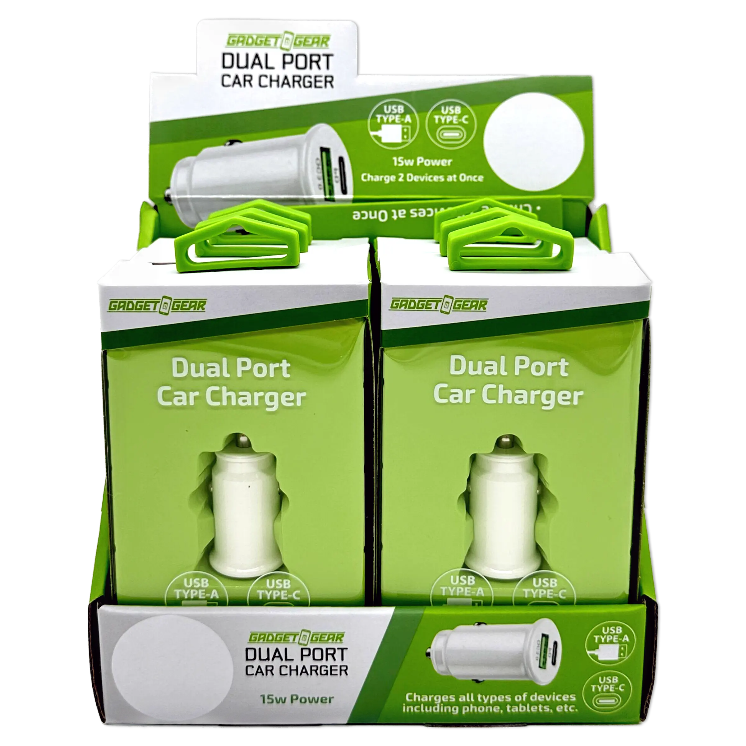 Car Charger  DC Dual Port USB / USB-C 15 Watts - 6 Pieces Per Retail Ready Display 23759 GADGET GEAR