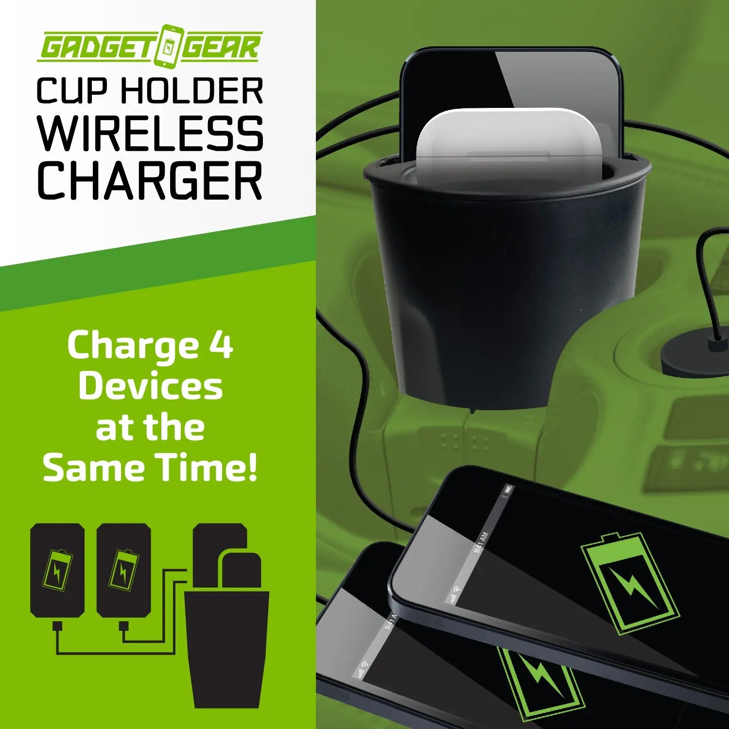 Cup Holder Multi-Port Wireless Charger - 4 Pieces Per Retail Ready Display 23765 GADGET GEAR