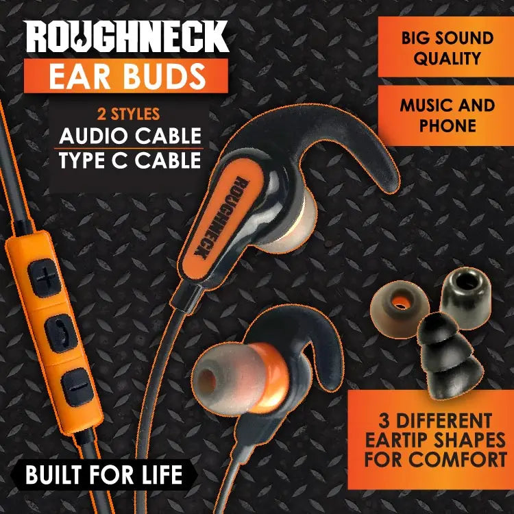 Wired Earbuds with Aux and USB-C Audio Connection - 6 Pieces Per Retail Ready Display 23796 ROUGHNECK