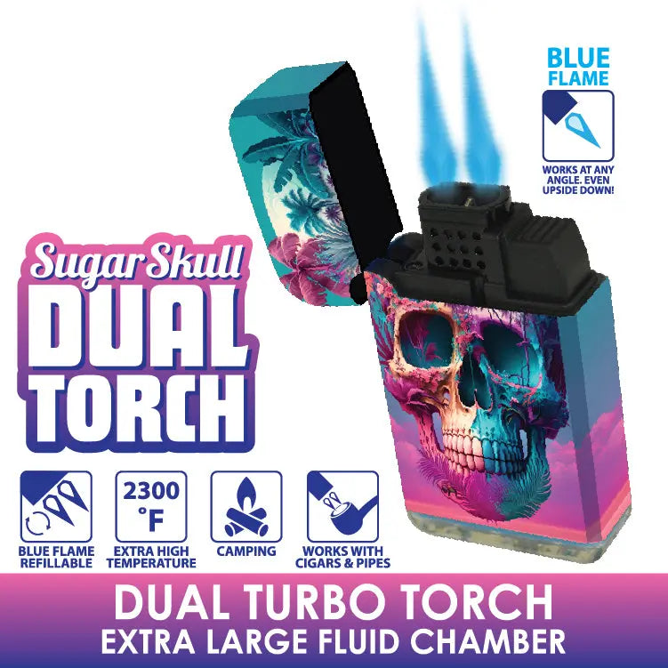 Sugar Skull Dual Torch Lighter - 15 Pieces Per Retail Ready Display 23822 SMOKEZILLA