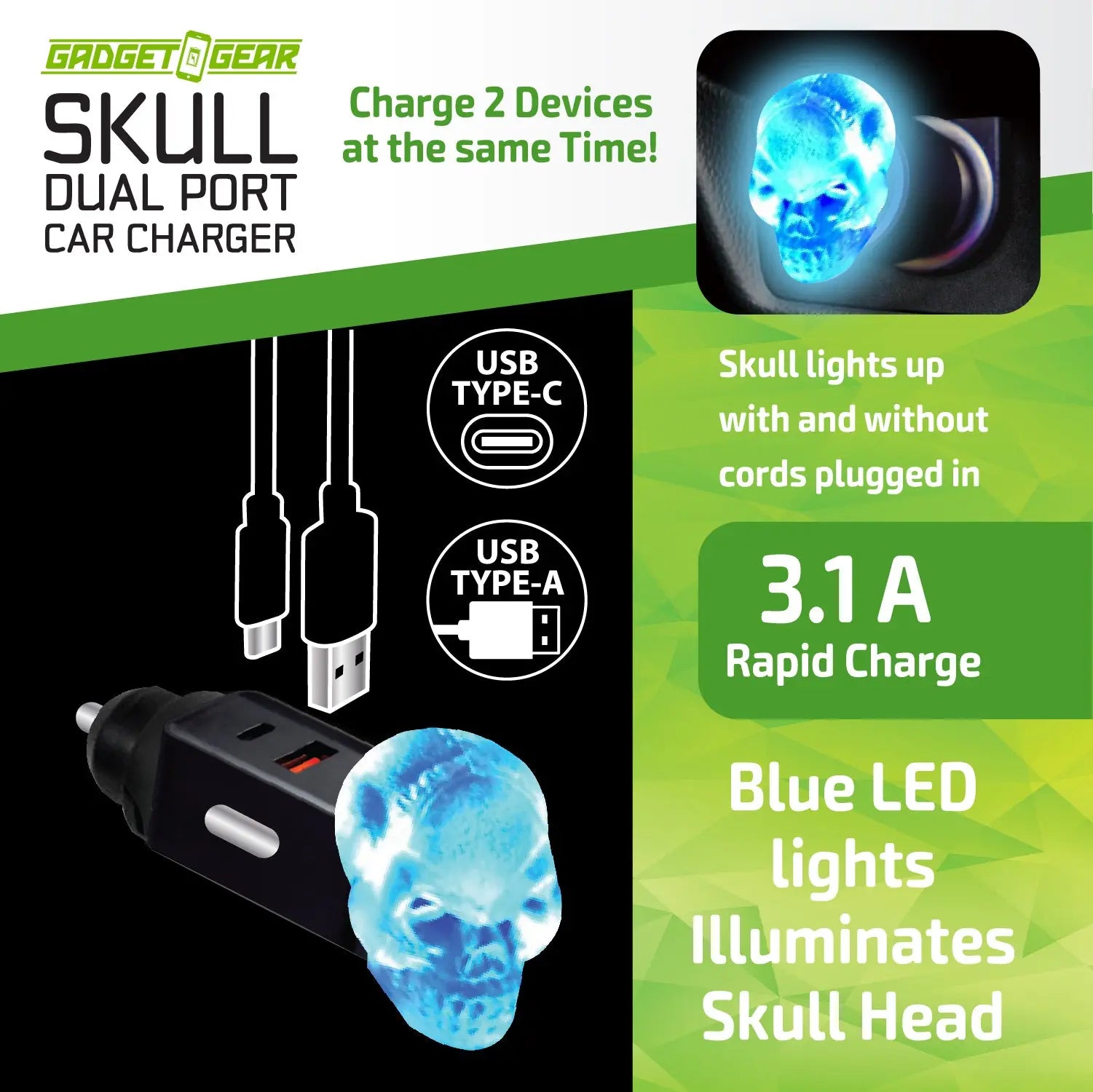 Car Charger Dual Port USB / USB-C LED Skull 3.1 Amp - 6 Pieces Per Pack 24001AZ - NOVELTY INC WHOLESALE