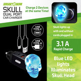 Car Charger Dual Port USB / USB-C LED Skull 3.1 Amp - 6 Pieces Per Pack 24001AZ - NOVELTY INC WHOLESALE