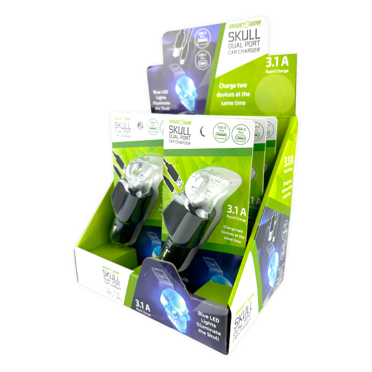 Car Charger Dual Port USB / USB-C LED Skull 3.1 Amp - 6 Pieces Per Retail Ready Display 24001 GADGET GEAR
