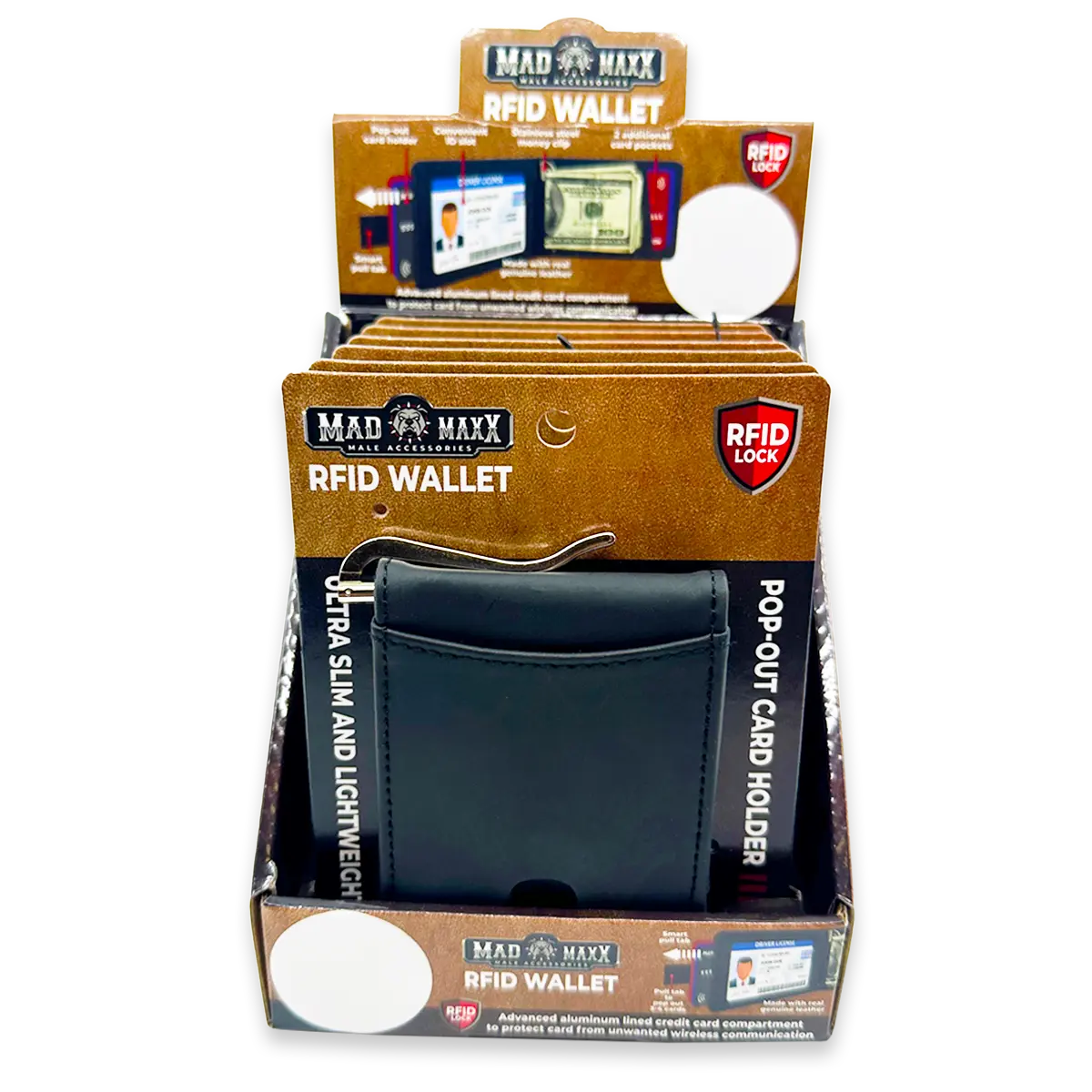 Leather RFID Blocking Ultra Slim Wallet - 6 Pieces Per Retail Ready Display 24003 ROUGHNECK