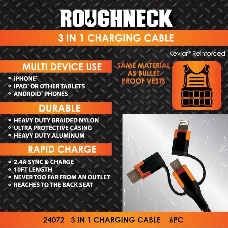 Charging Cable 3 in 1 Multi-Head USB to USB-C / Lightning / Micro USB 10FT 2.4 Amp - 6 Pieces Per Retail Ready Display 24072 ROUGHNECK