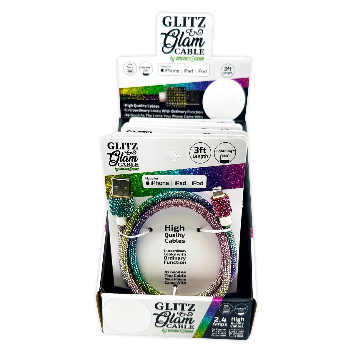 Charging Cable  3FT 2.4Amp Glitz N Glam Assortment - 6 Pieces Per Retail Ready Display 24130 GADGET GEAR