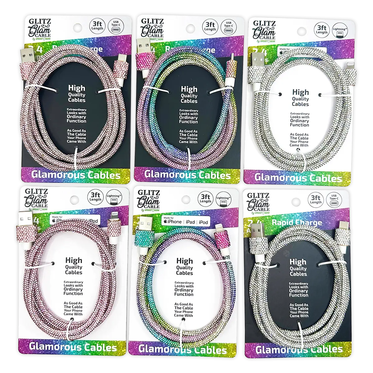 Charging Cable  3FT 2.4Amp Glitz N Glam Assortment - 6 Pieces Per Retail Ready Display 24130 GADGET GEAR