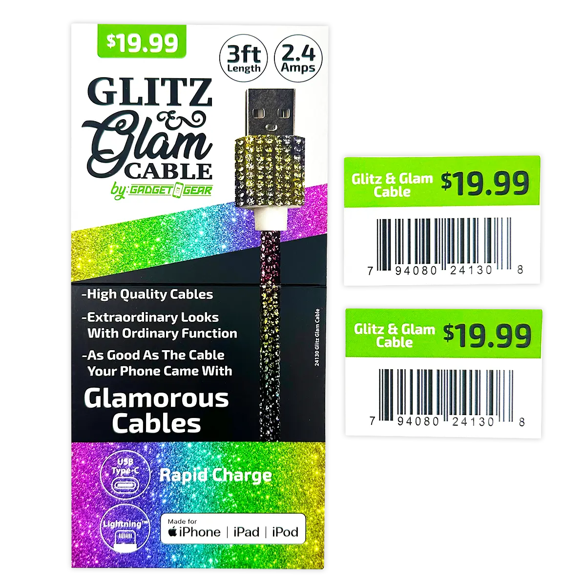 Charging Cable  3FT 2.4Amp Glitz N Glam Assortment - 6 Pieces Per Retail Ready Display 24130 GADGET GEAR