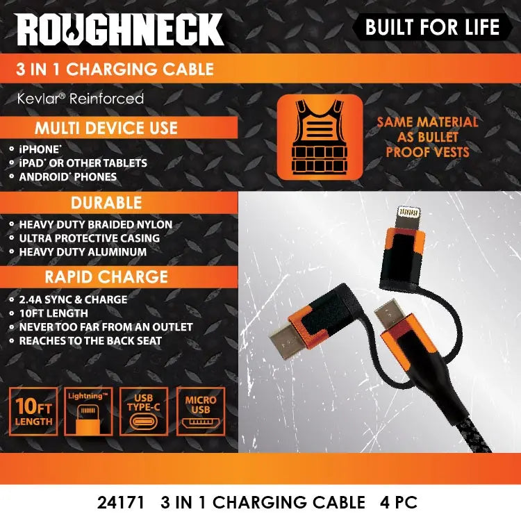 Charging Cable 3 in 1 Multi-Head USB-to-USB-C / Lightning / Micro USB 10FT 2.4 Amp - 4 Pieces Per Pack 24171 ROUGHNECK