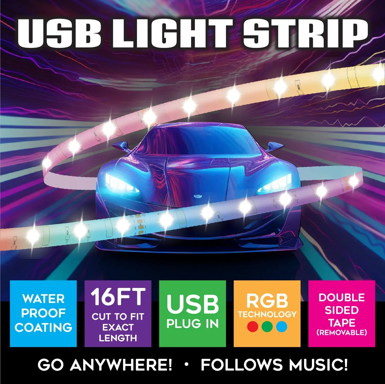 Mood Light Strip USB with Remote 16FT - 6 Pieces Per Retail Ready Display 24338 CAR VIBEZ
