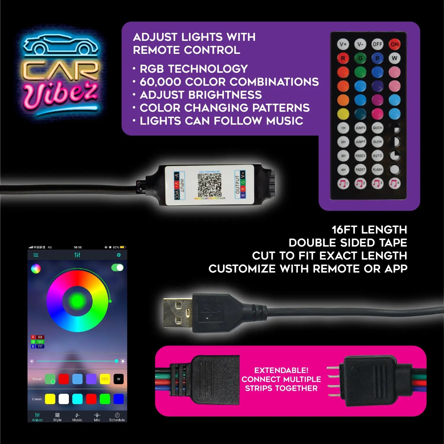 Mood Light Strip USB with Remote 16FT - 6 Pieces Per Retail Ready Display 24338 CAR VIBEZ