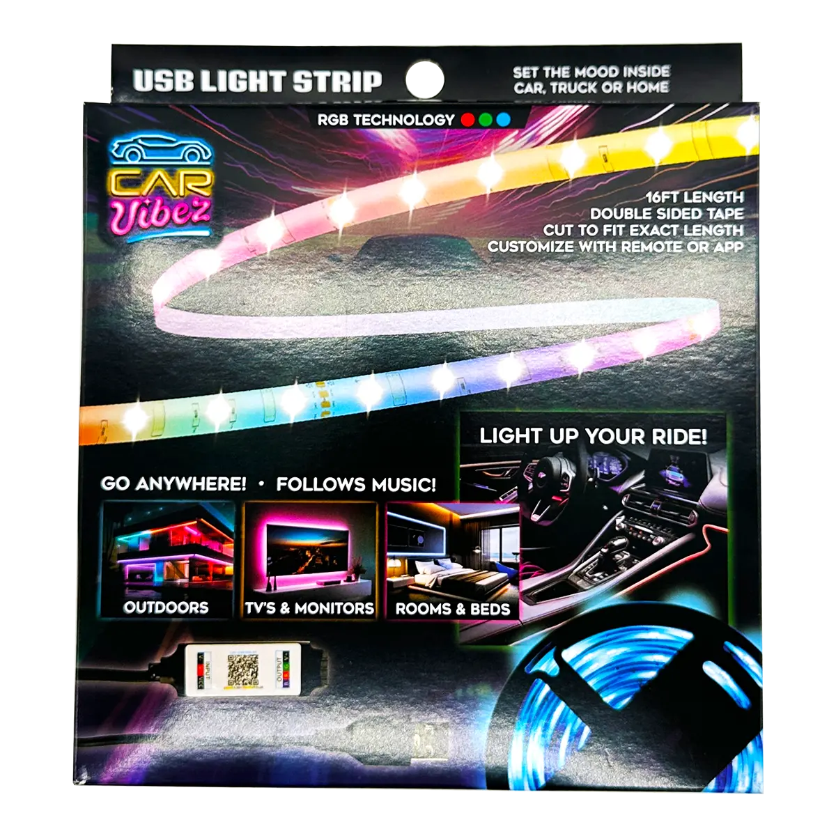 Mood Light Strip USB with Remote 16FT - 6 Pieces Per Retail Ready Display 24338 CAR VIBEZ