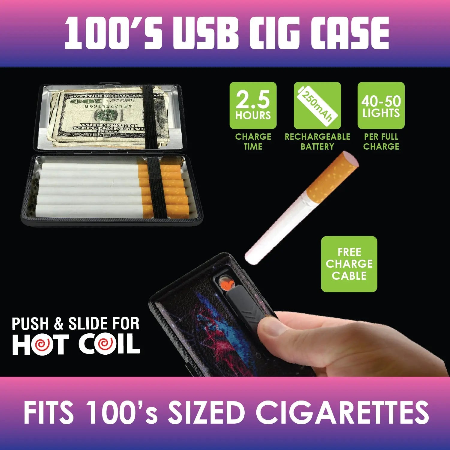 100s Cigarette Case with USB Coil Lighter - 8 Pieces Per Retail Ready Display  24362 SMOKEZILLA