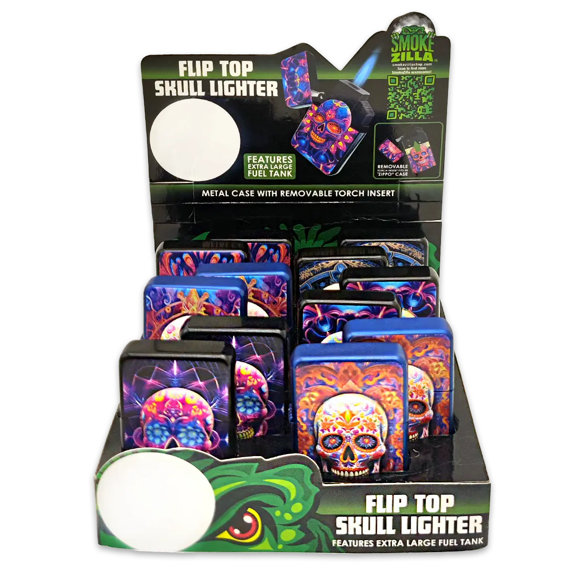 Metal Glow in The Dark Flip Torch Lighter - 12 Pieces Per Retail Ready Display 24370 SMOKEZILLA