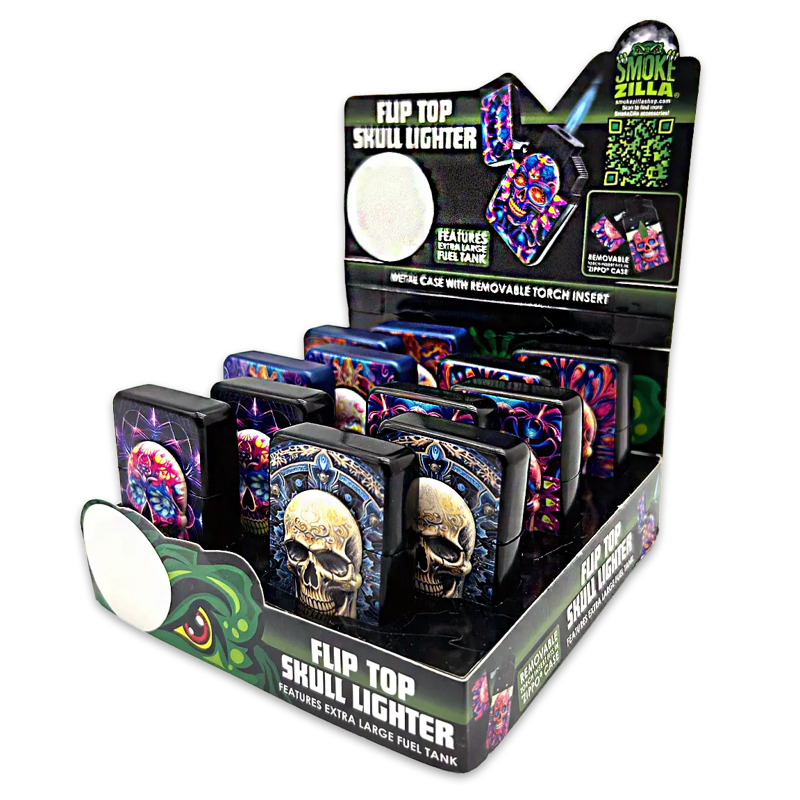 Metal Glow in The Dark Flip Torch Lighter - 12 Pieces Per Retail Ready Display 24370 SMOKEZILLA