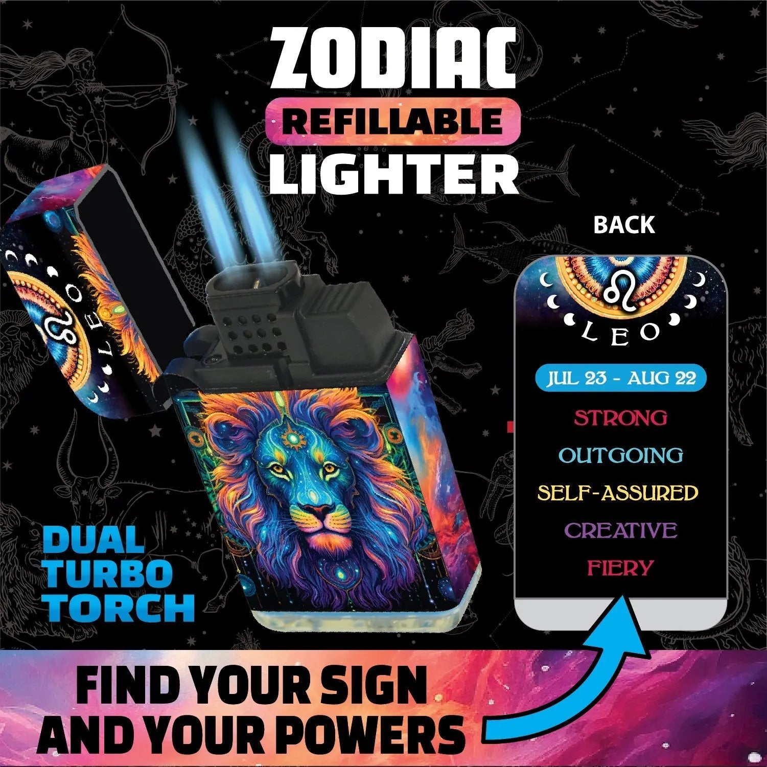 Zodiac Dual Torch Lighter- 12 Pieces Per Retail Ready Display 41661 SMOKEZILLA