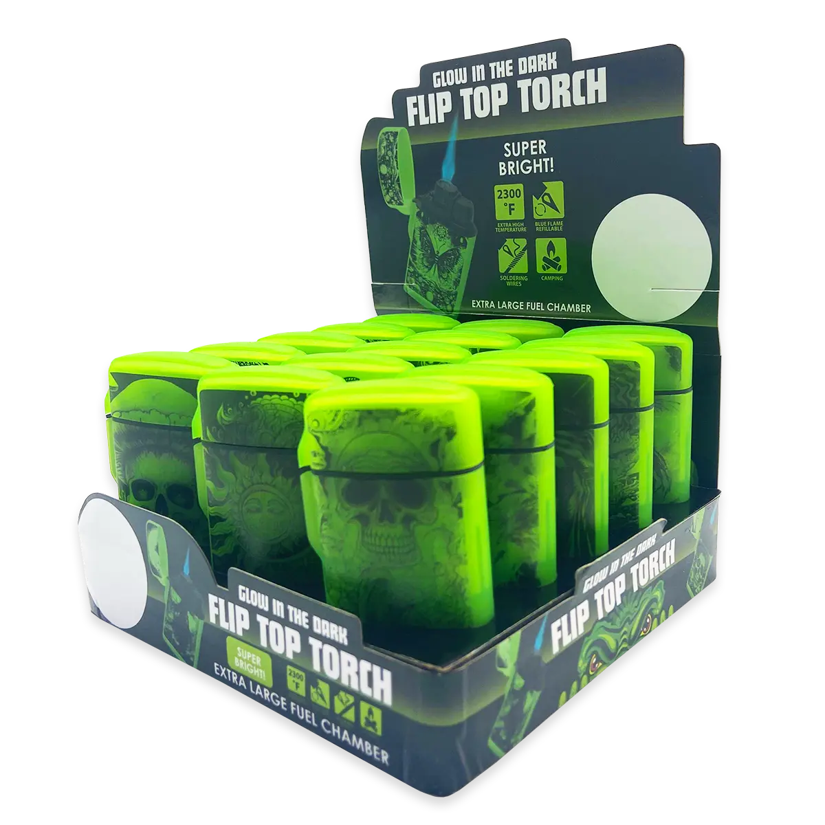 Glow In The Dark Flip Top Torch Lighter - 15 Pieces Per Retail Ready Display 24448 SMOKEZILLA