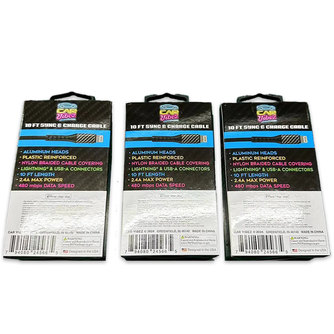 Charging Cable Carbon Fiber USB to Lightning 10FT 2.4 Amp - 3 Pieces Per Pack 24566 CAR VIBEZ