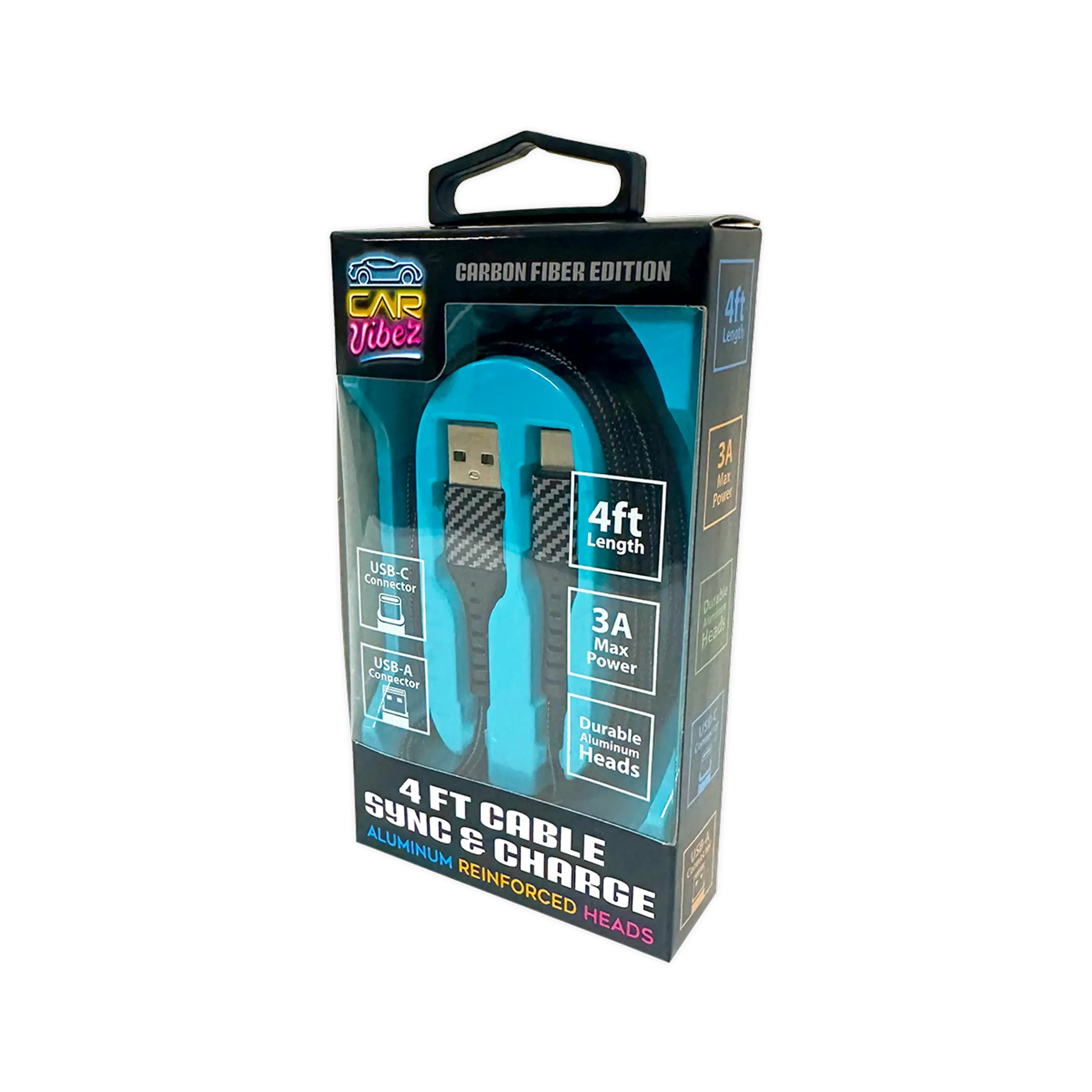 Charging Cable Carbon Fiber USB to USB-C 4FT 3 Amp - 3 Pieces Per Pack 24575 CAR VIBEZ
