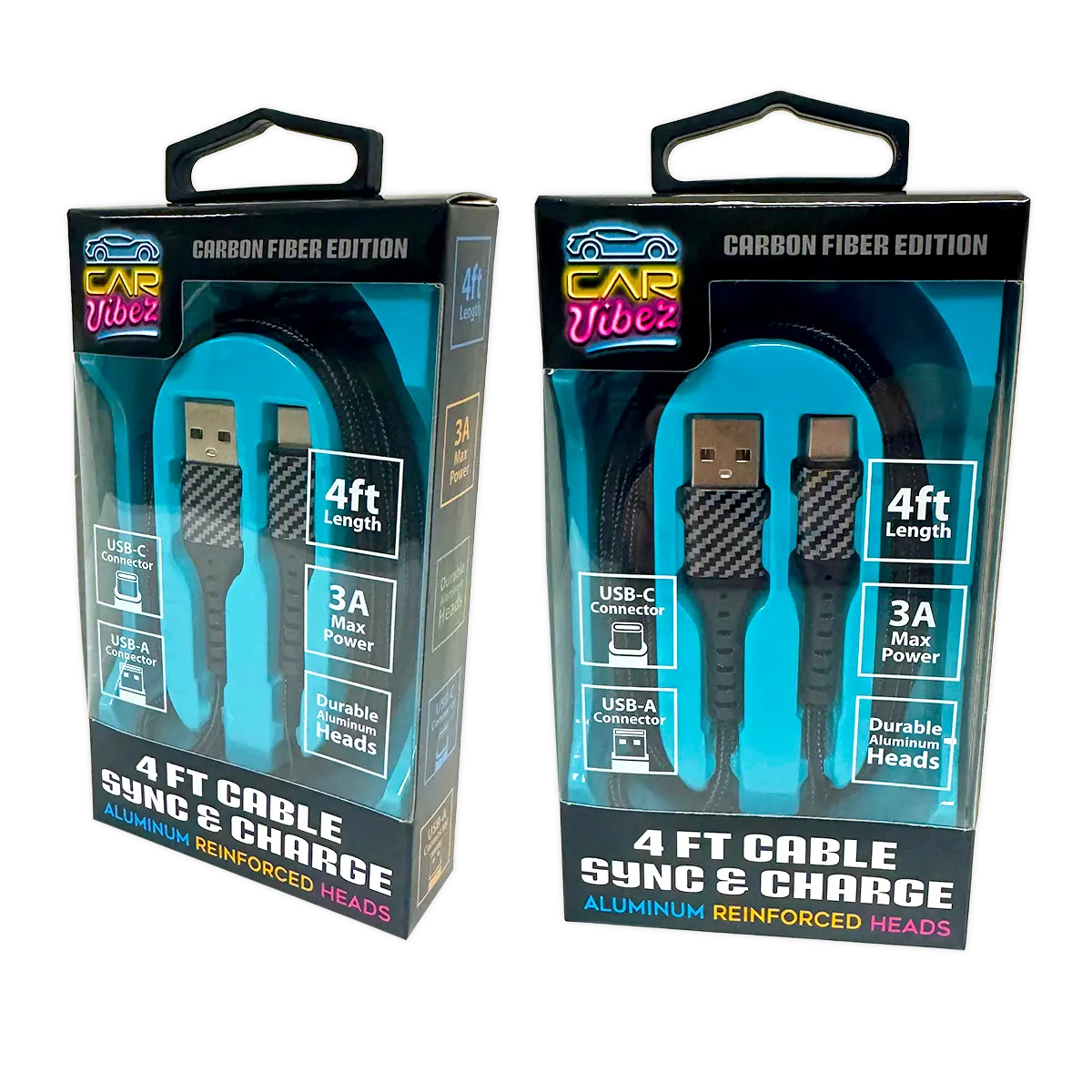 Charging Cable Carbon Fiber USB to USB-C 4FT 3 Amp - 3 Pieces Per Pack 24575 CAR VIBEZ