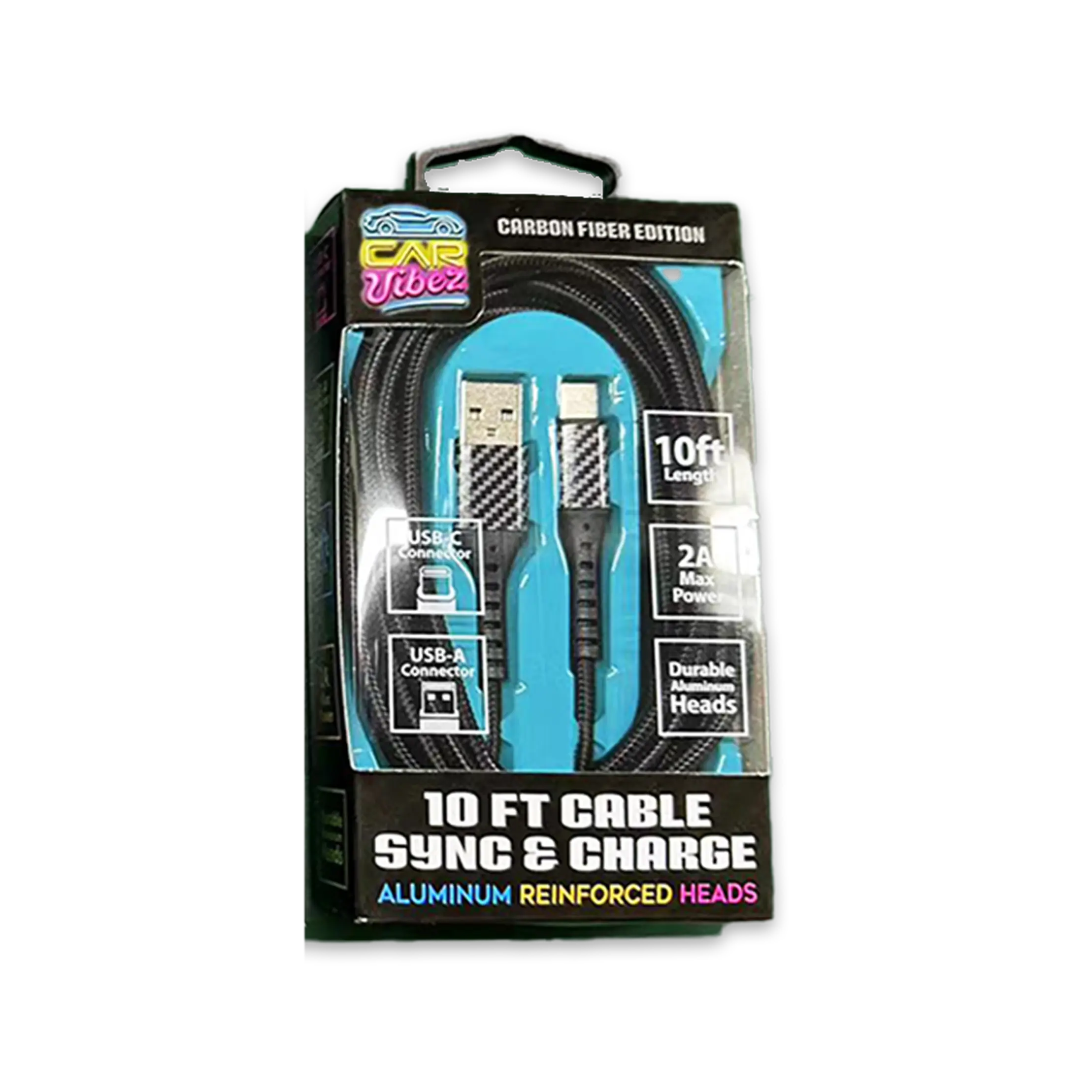 Charging Cable Carbon Fiber USB to USB-C 10FT 2 Amp - 3 Pieces Per Pack 24579 CAR VIBEZ