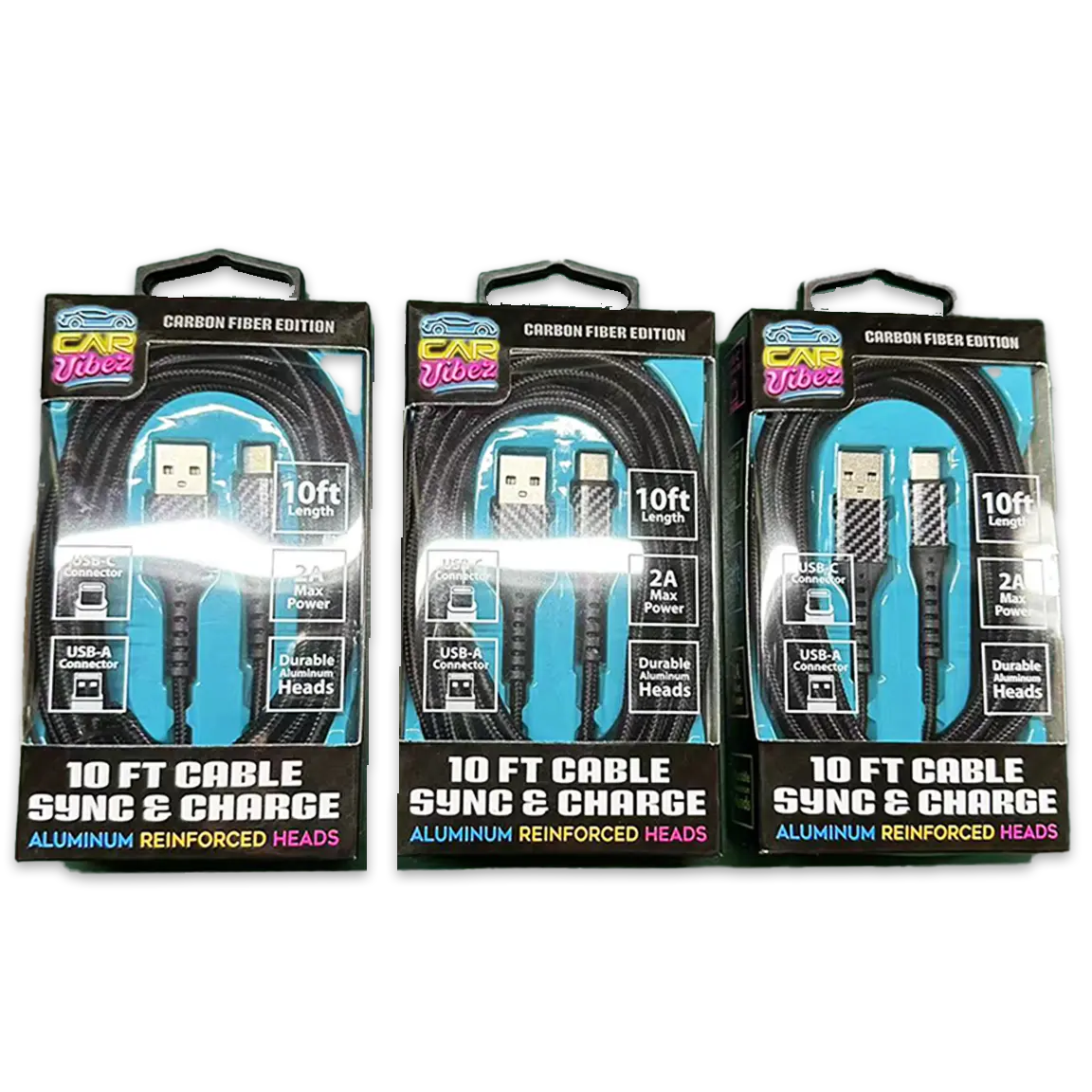 Charging Cable Carbon Fiber USB to USB-C 10FT 2 Amp - 3 Pieces Per Pack 24579 CAR VIBEZ