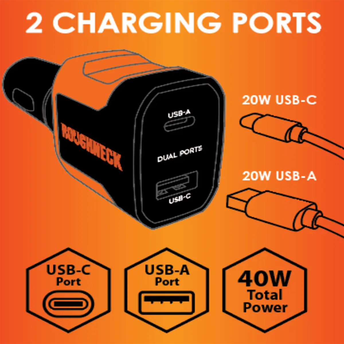 Car Charger Dual USB / USB-C Ports 20 Watts - 3 Pieces Per Pack 24587 ROUGHNECK