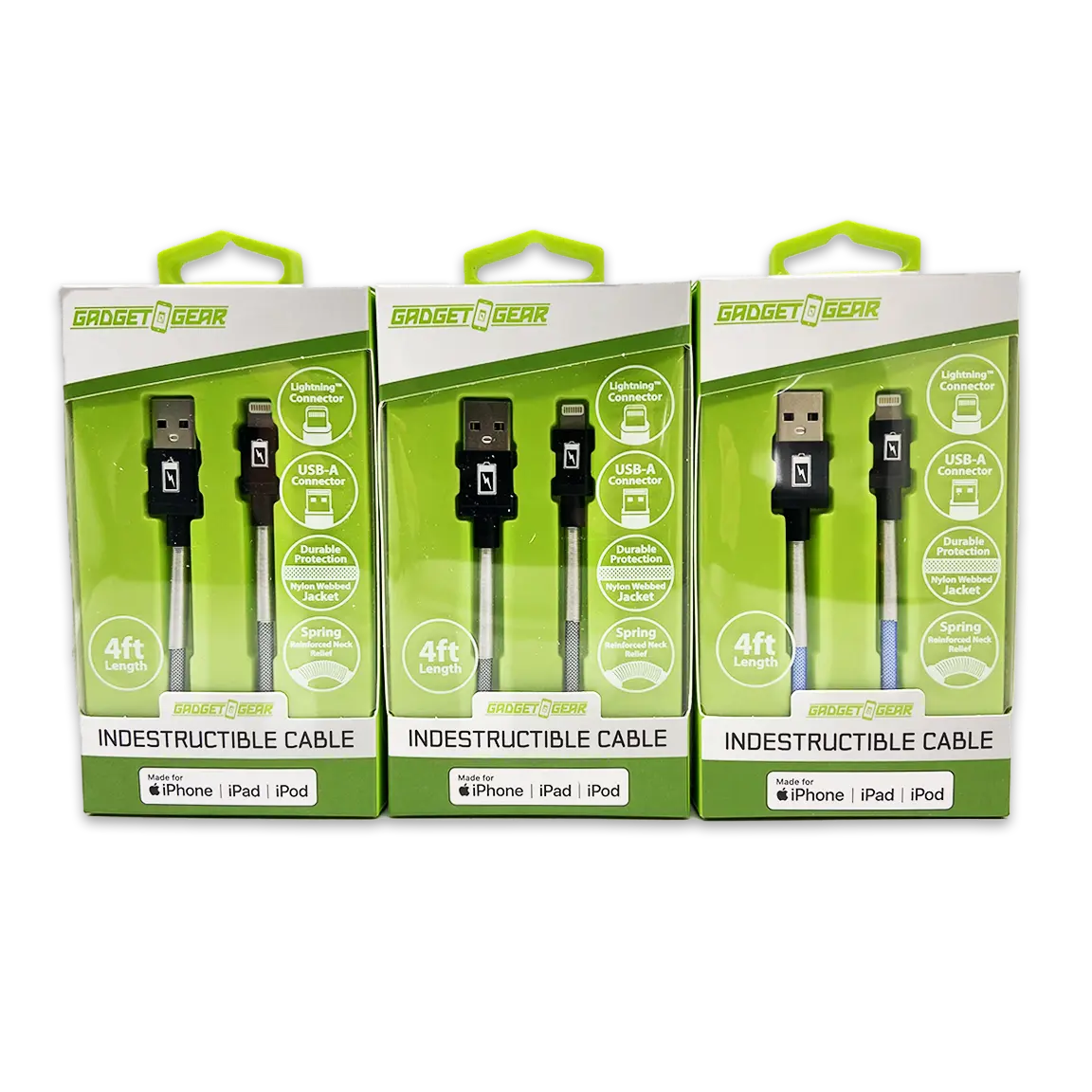 Charging Cable Indestructible USB to Lightning 4FT 2.4 Amp - 3 Pieces Per Pack 24600 GADGET GEAR