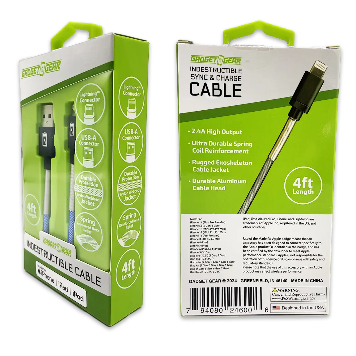 Charging Cable Indestructible USB to Lightning 4FT 2.4 Amp - 3 Pieces Per Pack 24600 GADGET GEAR