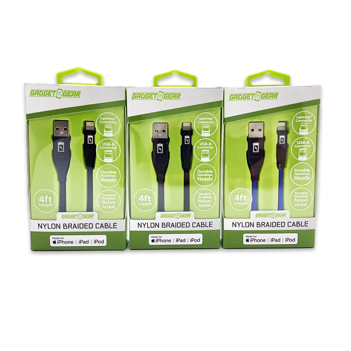 Charging Cable Nylon Braided USB to Lightning 4FT 2.4 Amp - 3 Pieces Per Pack 24603 GADGET GEAR
