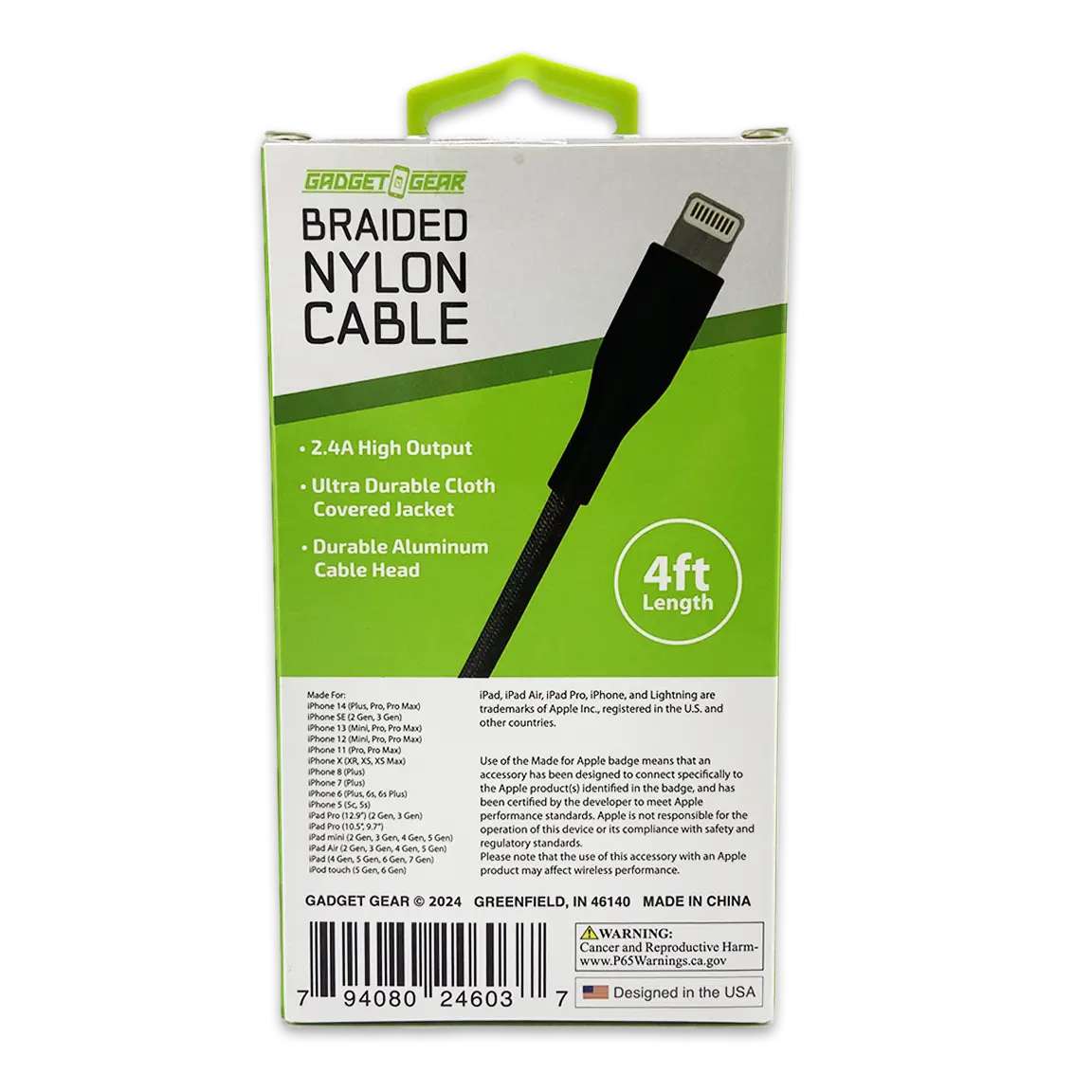 Charging Cable Nylon Braided USB to Lightning 4FT 2.4 Amp - 3 Pieces Per Pack 24603 GADGET GEAR