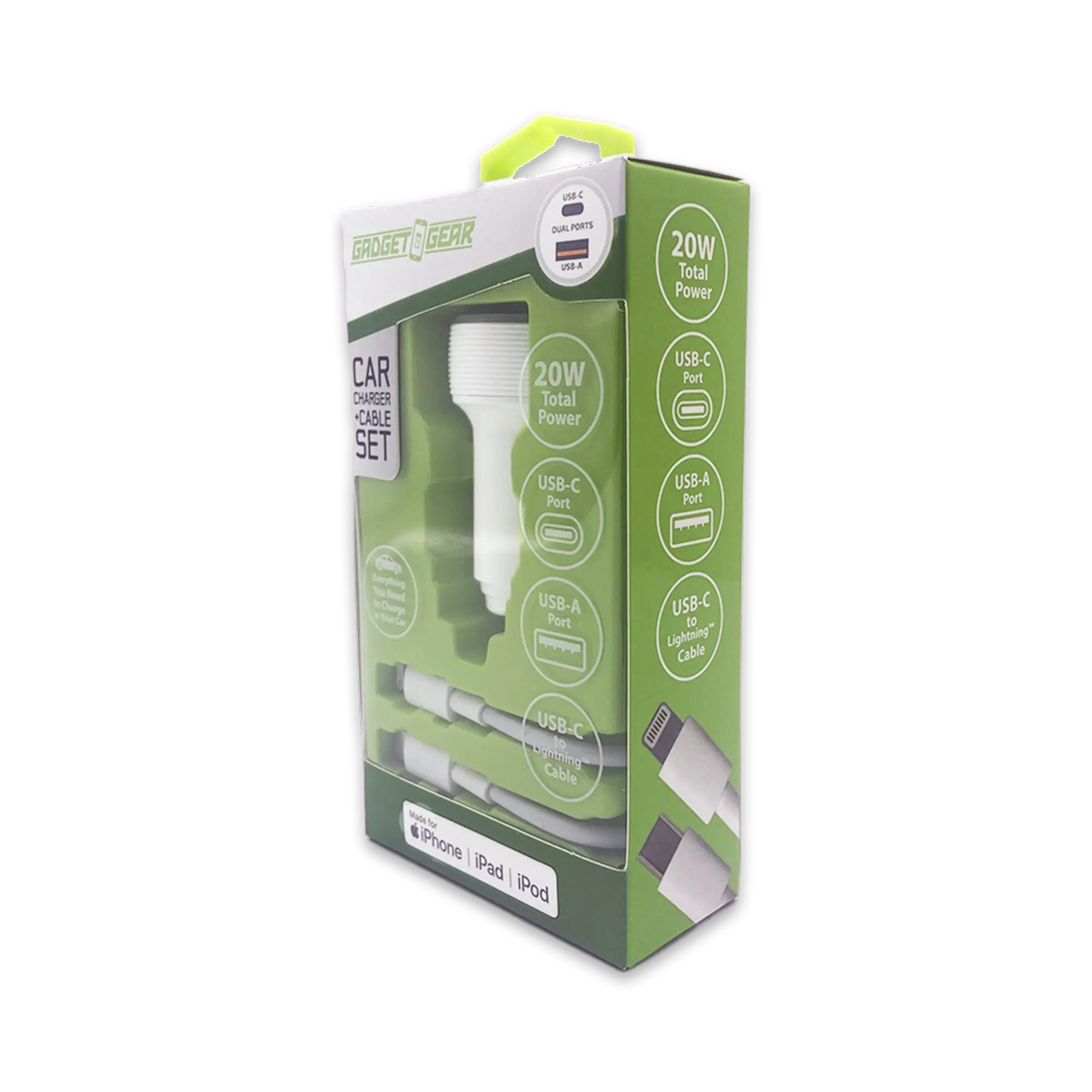 Car Charger Dual USB / USB-C Ports with USB-C to Lightning Charging Cable Set 20 Watts - 3 Pieces Per Pack 24607 GADGET GEAR