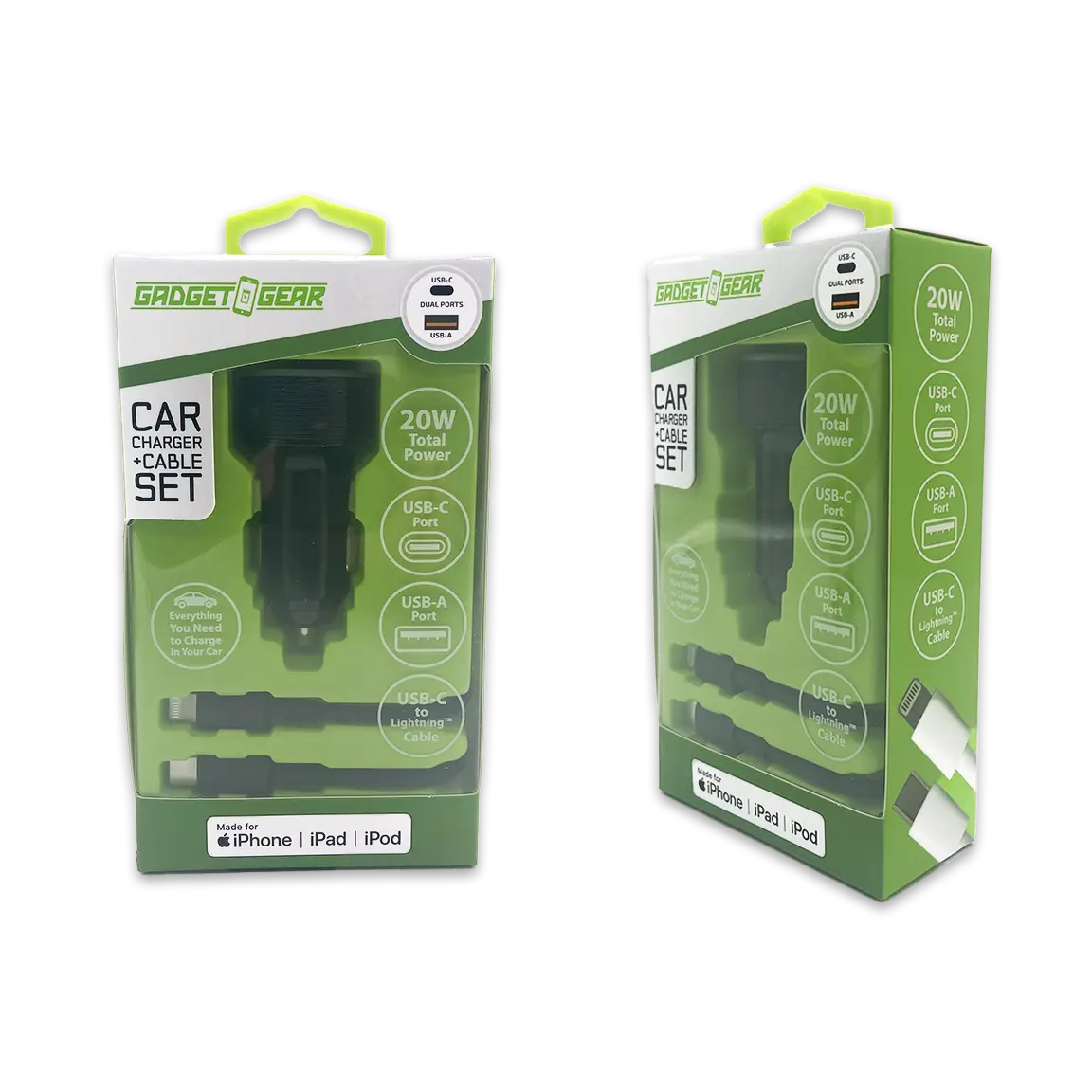Car Charger Dual USB / USB-C Ports with USB-C to Lightning Charging Cable Set 20 Watts - 3 Pieces Per Pack 24607 GADGET GEAR