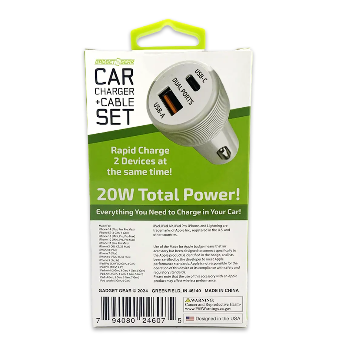 Car Charger Dual USB / USB-C Ports with USB-C to Lightning Charging Cable Set 20 Watts - 3 Pieces Per Pack 24607 GADGET GEAR