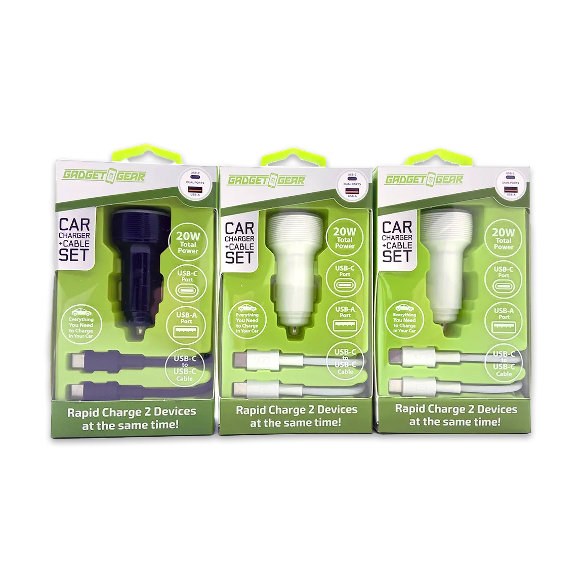 Car Charger Dual USB / USB-C Ports with USB-C to USB-C Charging Cable 20 Watts - 3 Pieces Per Pack 24608 GADGET GEAR