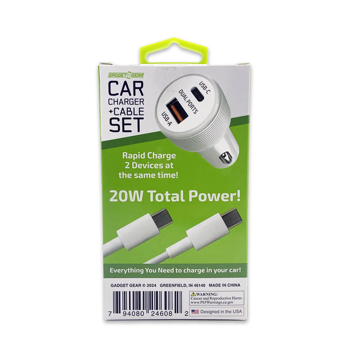 Car Charger Dual USB / USB-C Ports with USB-C to USB-C Charging Cable 20 Watts - 3 Pieces Per Pack 24608 GADGET GEAR