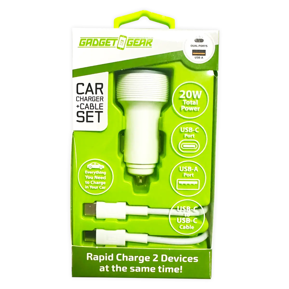 Car Charger Dual USB / USB-C Ports with USB-C to USB-C Charging Cable 20 Watts - 3 Pieces Per Pack 24608 GADGET GEAR