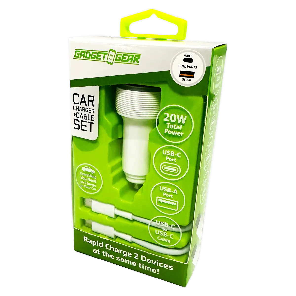 Car Charger Dual USB / USB-C Ports with USB-C to USB-C Charging Cable 20 Watts - 3 Pieces Per Pack 24608 GADGET GEAR