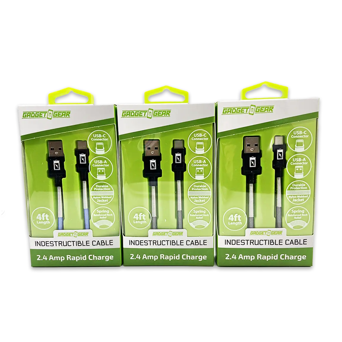 Charging Cable Indestructible USB to USB-C 4FT 2.4 Amp - 3 Pieces Per Pack 24613 GADGET GEAR