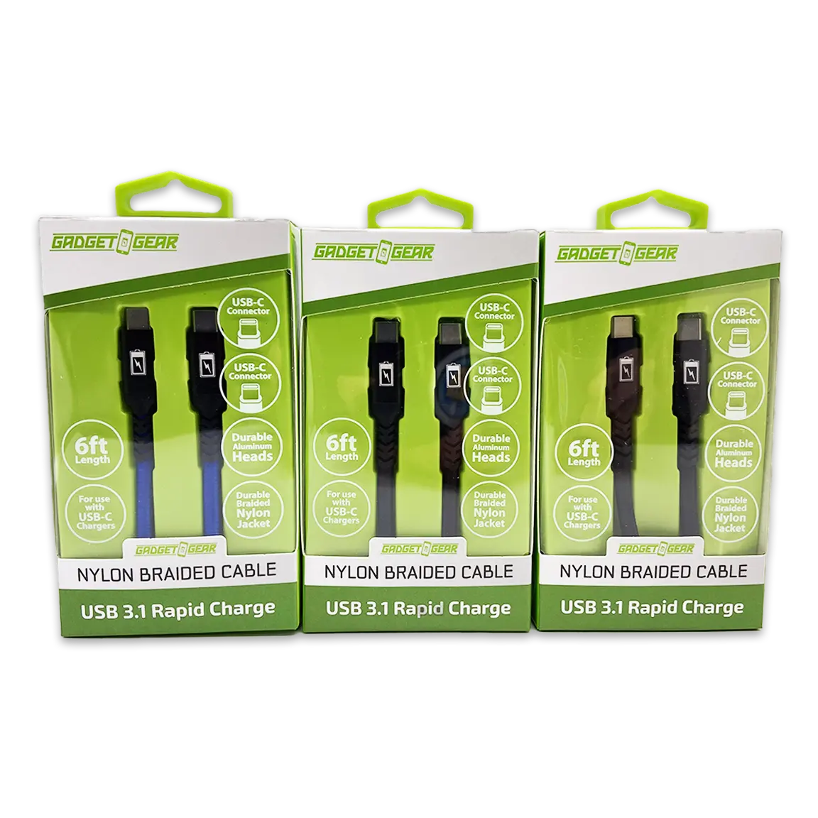 Charging Cable Nylon Braided USB-C to USB-C 6FT - 3 Pieces Per Pack 24619 GADGET GEAR