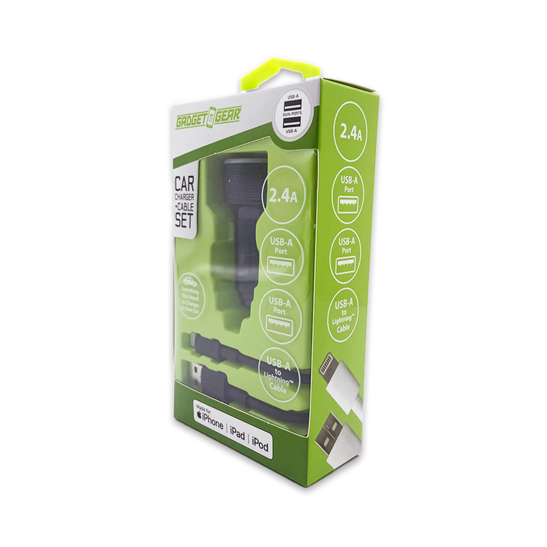 Car Charger Dual USB Ports with USB to Lightning Charging Cable Set - 3 Pieces Per Pack 24620 GADGET GEAR
