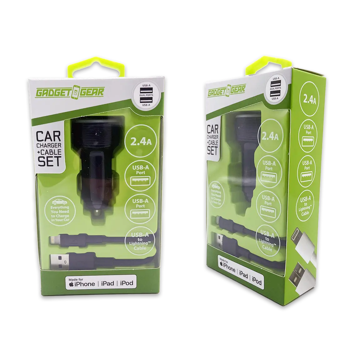 Car Charger Dual USB Ports with USB to Lightning Charging Cable Set - 3 Pieces Per Pack 24620 GADGET GEAR