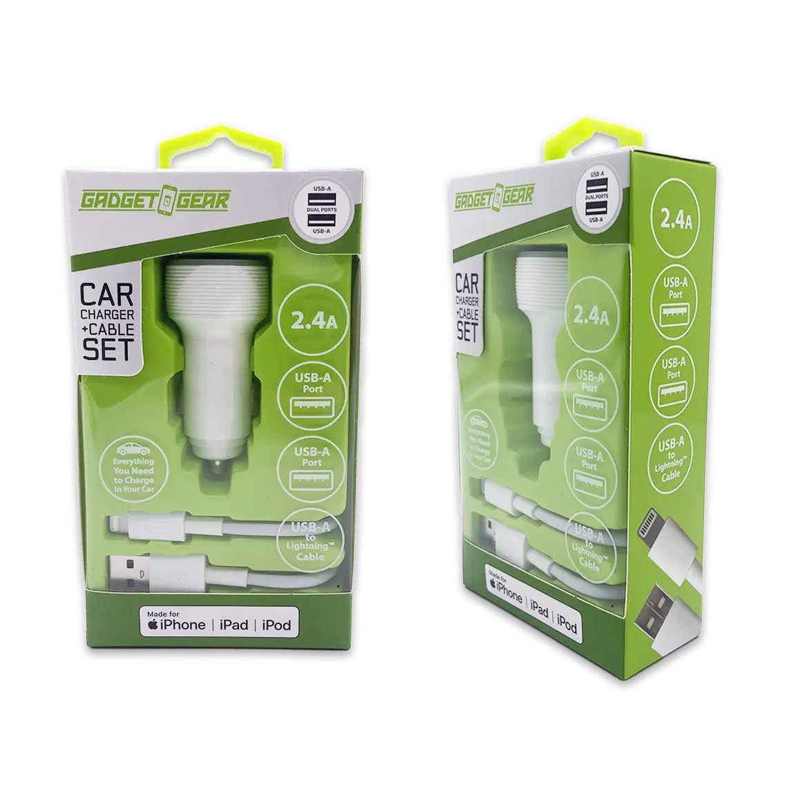 Car Charger Dual USB Ports with USB to Lightning Charging Cable Set - 3 Pieces Per Pack 24620 GADGET GEAR