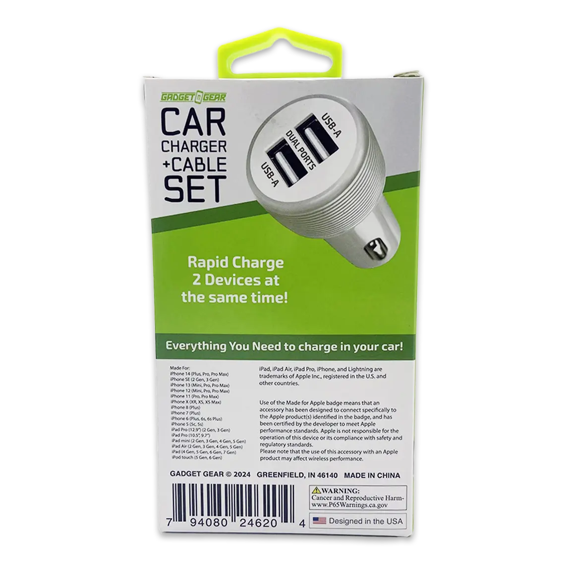 Car Charger Dual USB Ports with USB to Lightning Charging Cable Set - 3 Pieces Per Pack 24620 GADGET GEAR