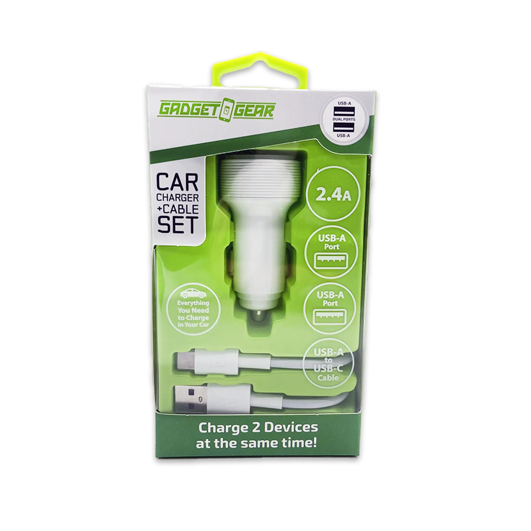 Car Charger Dual USB Ports with USB to USB-C Charging Cable Set 2.4 Amp - 3 Pieces Per Pack 24626 GADGET GEAR