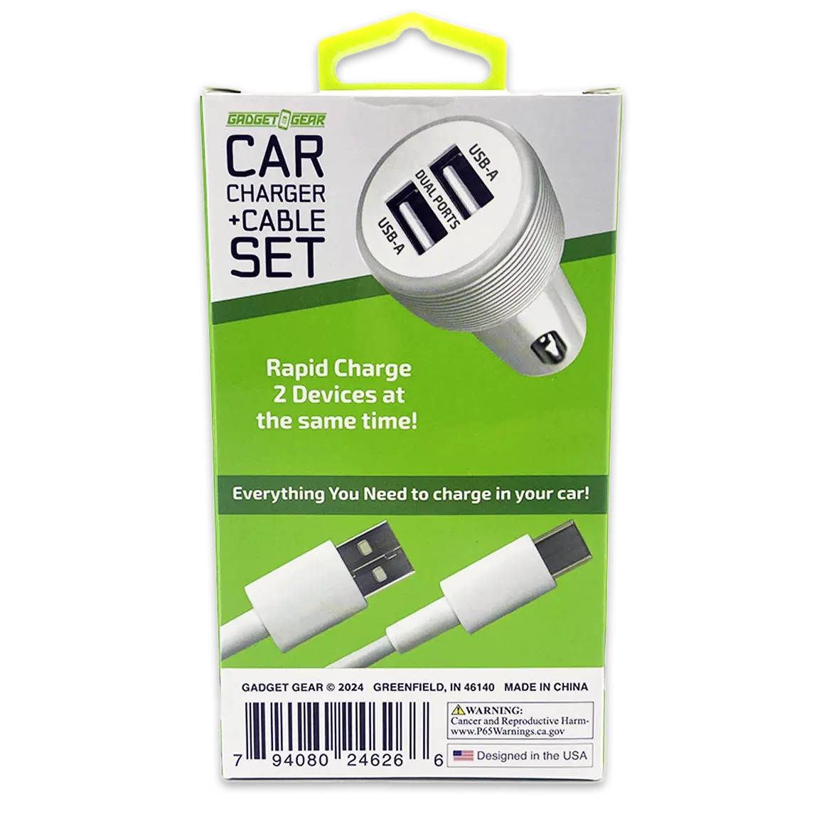 Car Charger Dual USB Ports with USB to USB-C Charging Cable Set 2.4 Amp - 3 Pieces Per Pack 24626 GADGET GEAR