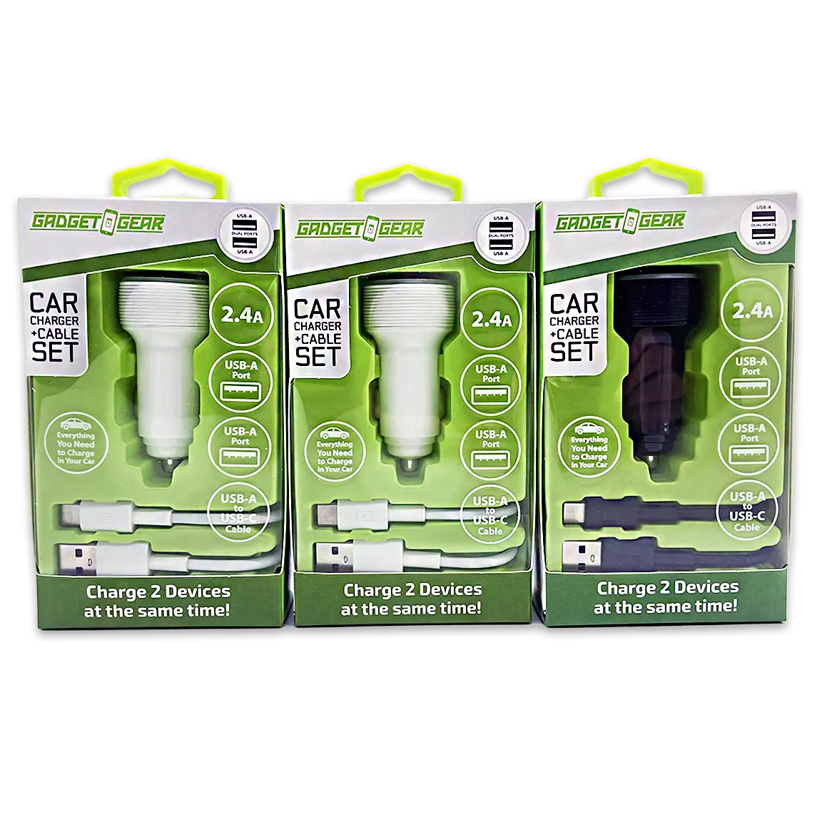 Car Charger Dual USB Ports with USB to USB-C Charging Cable Set 2.4 Amp - 3 Pieces Per Pack 24626 GADGET GEAR
