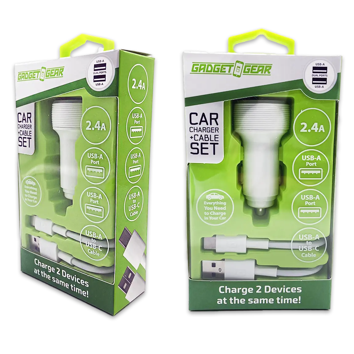 Car Charger Dual USB Ports with USB to USB-C Charging Cable Set 2.4 Amp - 3 Pieces Per Pack 24626 GADGET GEAR