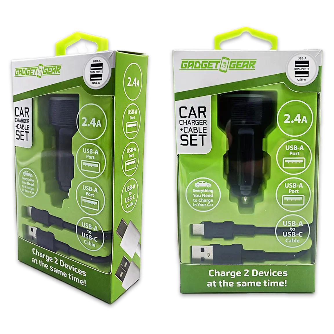 Car Charger Dual USB Ports with USB to USB-C Charging Cable Set 2.4 Amp - 3 Pieces Per Pack 24626 GADGET GEAR